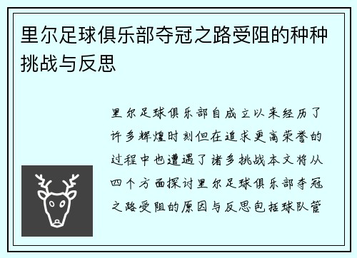 里尔足球俱乐部夺冠之路受阻的种种挑战与反思