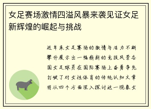 女足赛场激情四溢风暴来袭见证女足新辉煌的崛起与挑战