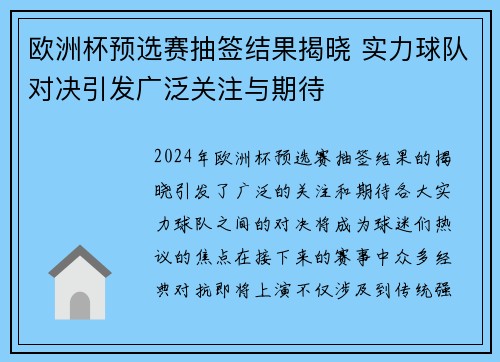欧洲杯预选赛抽签结果揭晓 实力球队对决引发广泛关注与期待