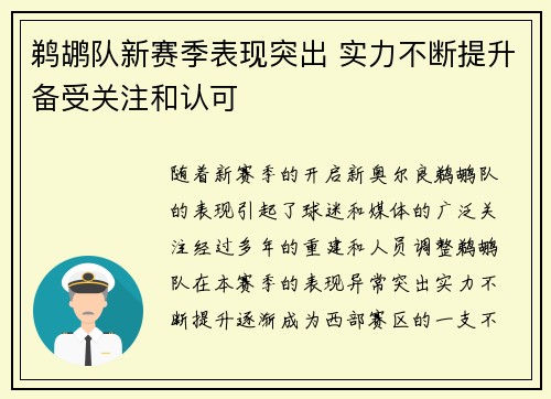 鹈鹕队新赛季表现突出 实力不断提升备受关注和认可