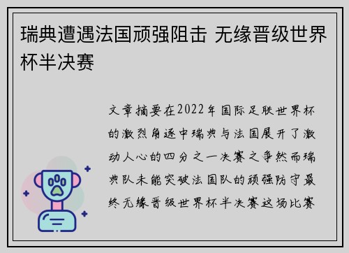 瑞典遭遇法国顽强阻击 无缘晋级世界杯半决赛