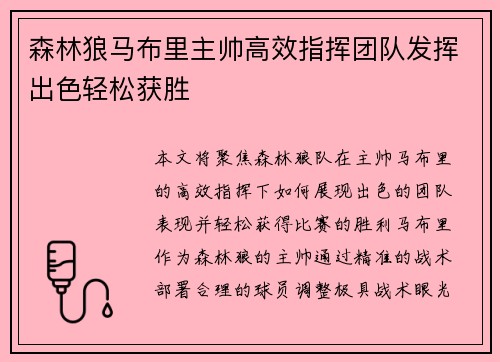 森林狼马布里主帅高效指挥团队发挥出色轻松获胜