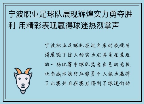 宁波职业足球队展现辉煌实力勇夺胜利 用精彩表现赢得球迷热烈掌声