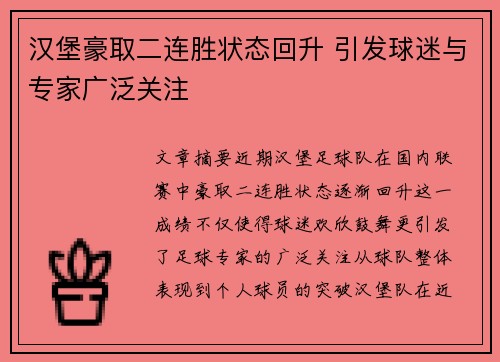 汉堡豪取二连胜状态回升 引发球迷与专家广泛关注