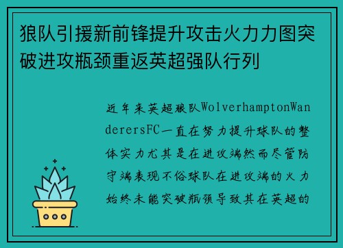 狼队引援新前锋提升攻击火力力图突破进攻瓶颈重返英超强队行列