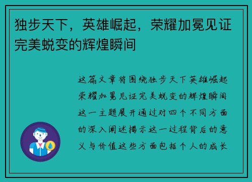 独步天下，英雄崛起，荣耀加冕见证完美蜕变的辉煌瞬间