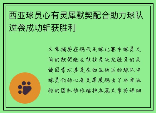 西亚球员心有灵犀默契配合助力球队逆袭成功斩获胜利