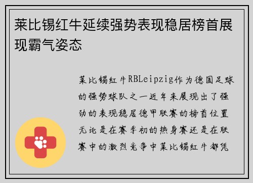 莱比锡红牛延续强势表现稳居榜首展现霸气姿态