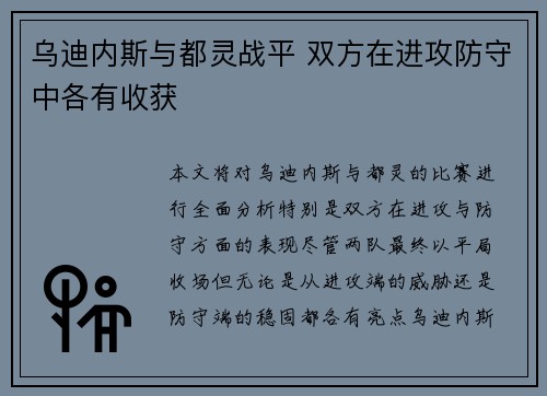 乌迪内斯与都灵战平 双方在进攻防守中各有收获