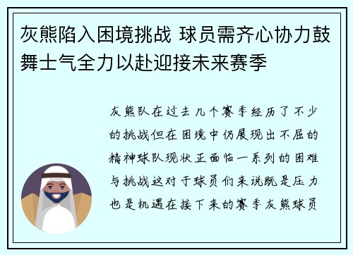 灰熊陷入困境挑战 球员需齐心协力鼓舞士气全力以赴迎接未来赛季