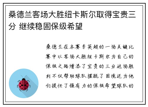 桑德兰客场大胜纽卡斯尔取得宝贵三分 继续稳固保级希望